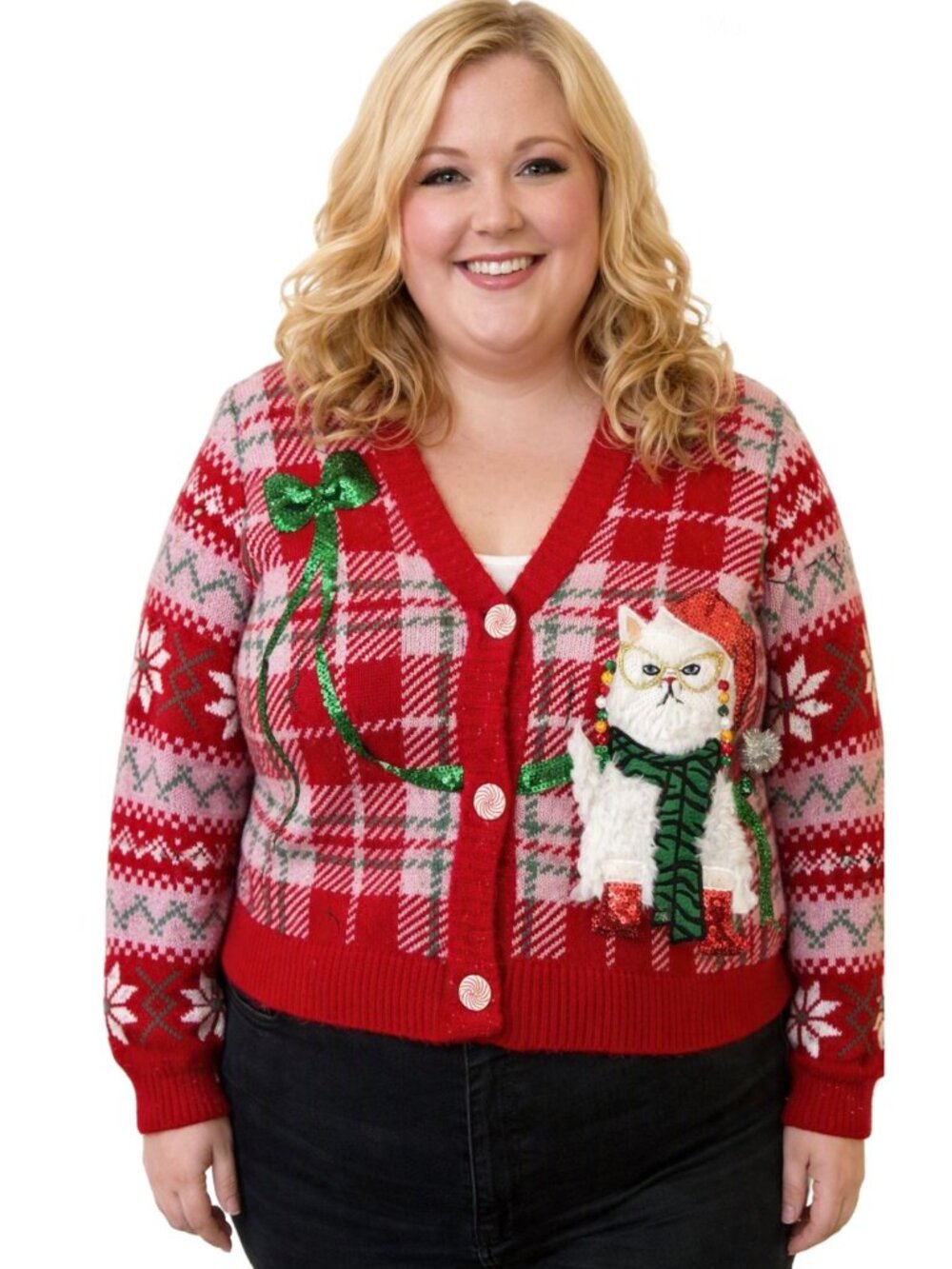 CELEBRATE TOGETHER Christmas Red Plaid White Fluffy Cat Santa Cardigan Sz XXL